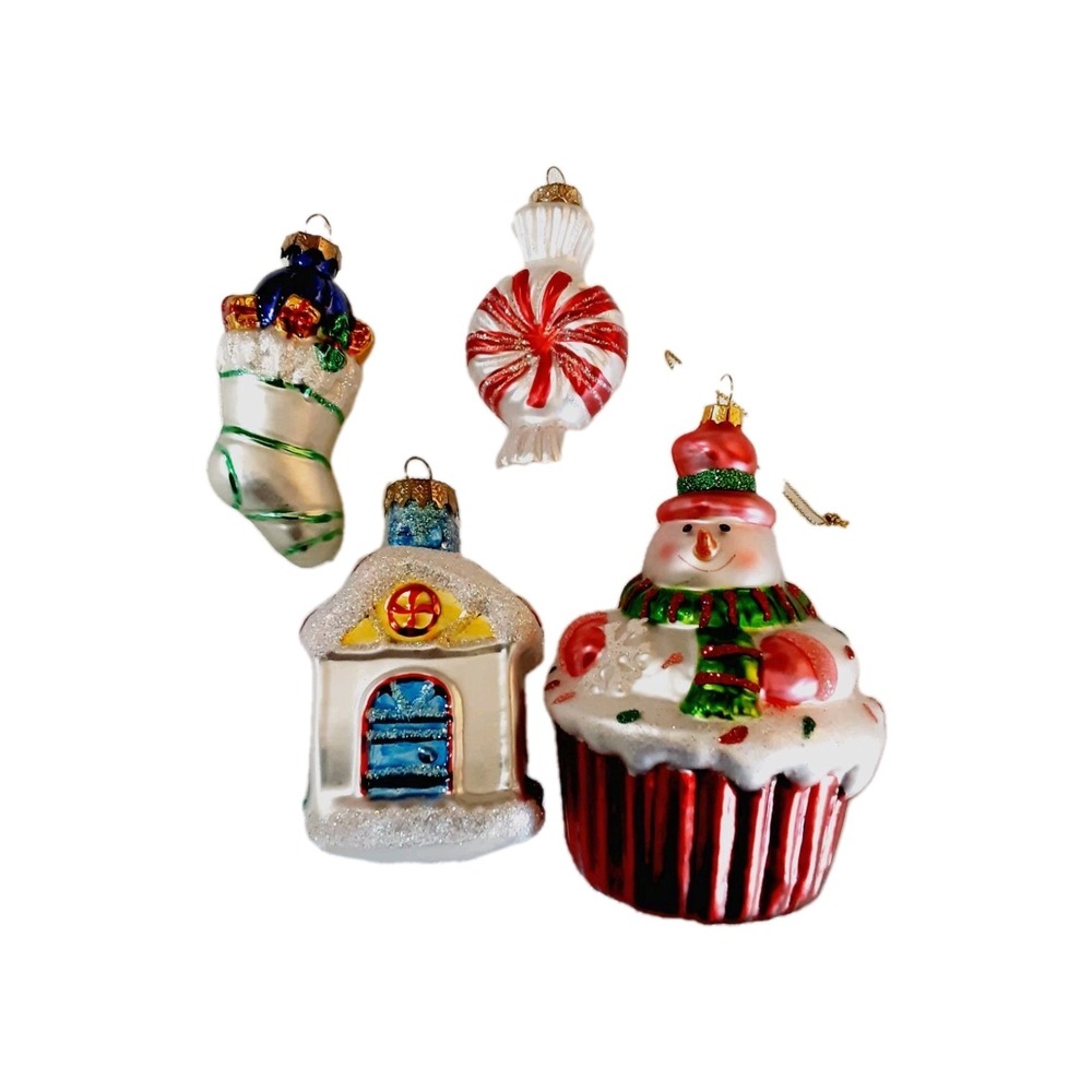 THOMAS PACCONI Christmas Glass Ornaments Snowman Candy Stocking House Lot of 4